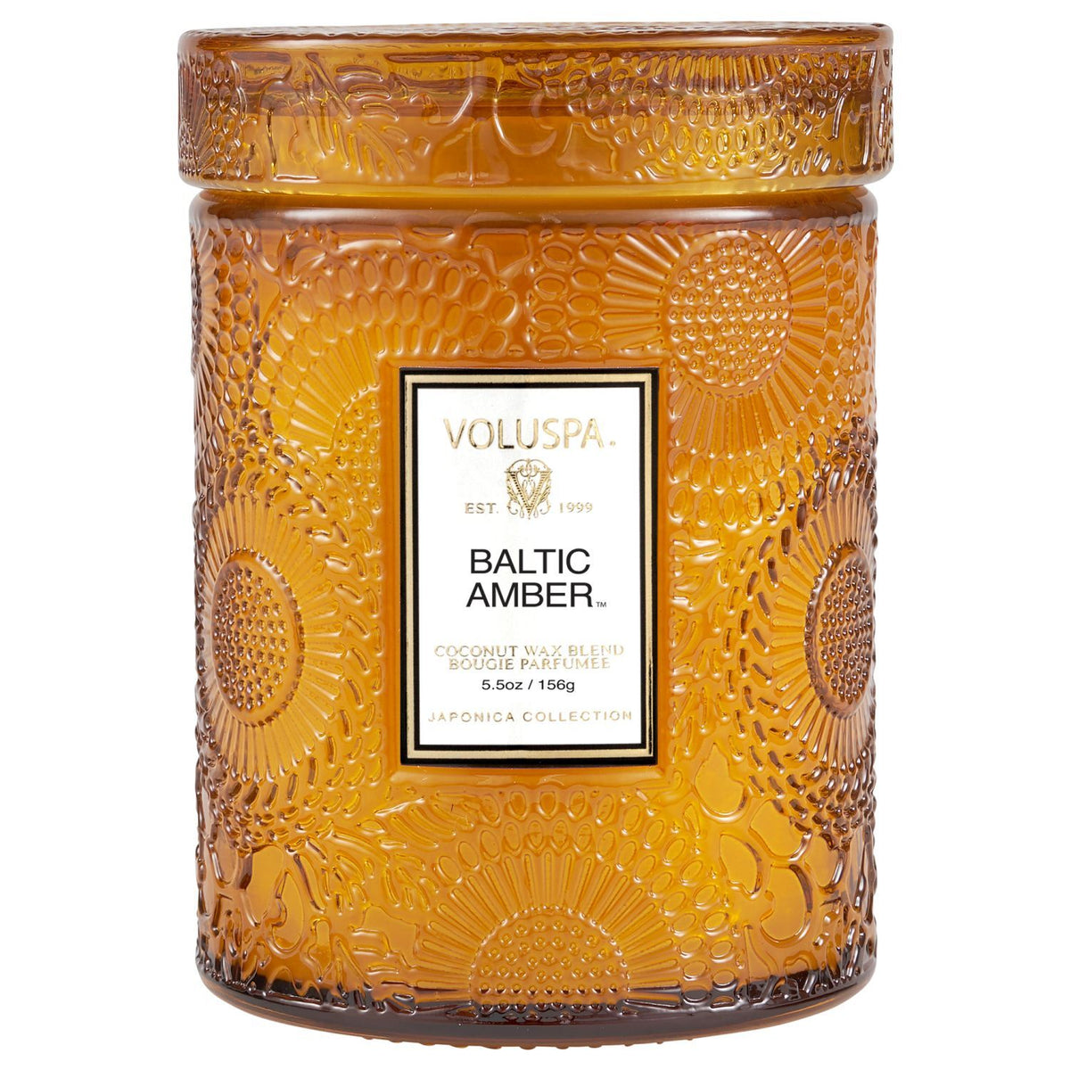 Voluspa Baltic Amber Small Jar Candle, 5.5oz, in an amber embossed glass jar, perfect for home decor, gifts, kitchen ambiance, and entertaining from Knotty and Board.