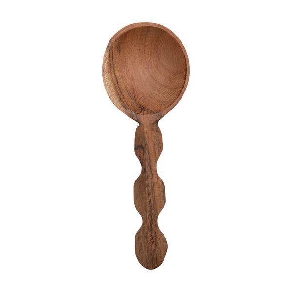 Scalloped Hand-Carved Acacia Wood Spoon, 6.5" x 2", showcasing rich wood grain and unique hand-carved design, perfect for kitchen decor or gifts from Knotty and Board.