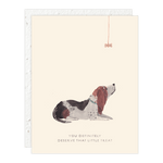 Seedlings Cards, Flourish, Basset Hound featuring a watercolor illustration of a basset hound looking up at a hanging treat with the phrase 