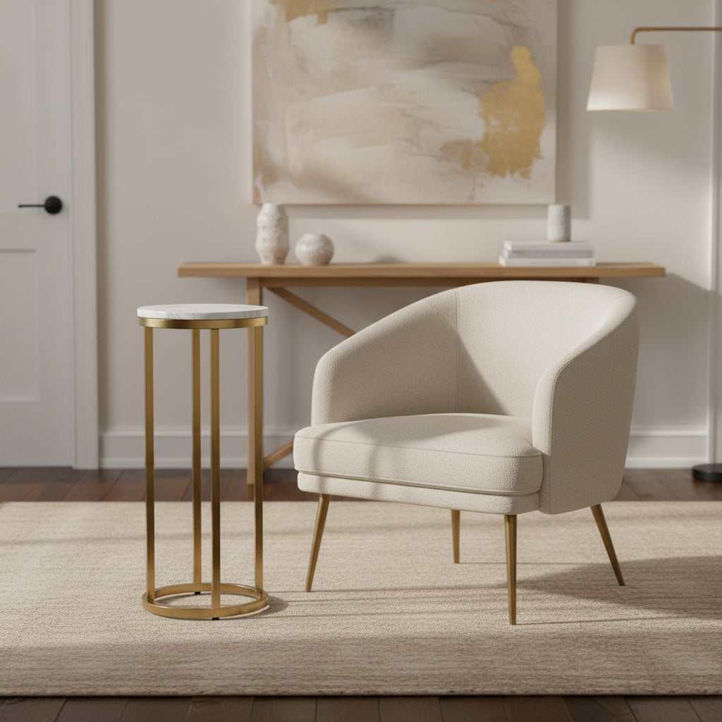 Marble & Metal Martini Table, White & Gold, 9.25 X 21 in.