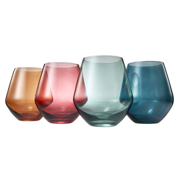 Khen Pastel Colored Stemless Crystal Wine Glasses, 16 oz., Set of 4 in warm amber, pink, light green, and blue hues perfect for entertaining, kitchen decor, and gifts from Knotty and Board.