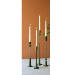 Forged Iron Taper Candle Holders, Green Patina, Extra Large, 19 in., elegant tall green iron candle holders with tapered white candles, perfect for dining and decor by Knotty and Board.