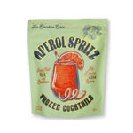 Packaging pouch of Noble Mick's Frozen Cocktails, Aperol Spritz featuring vibrant orange cocktail illustration with an orange slice garnish, set against a light green background with vintage style typography. 1