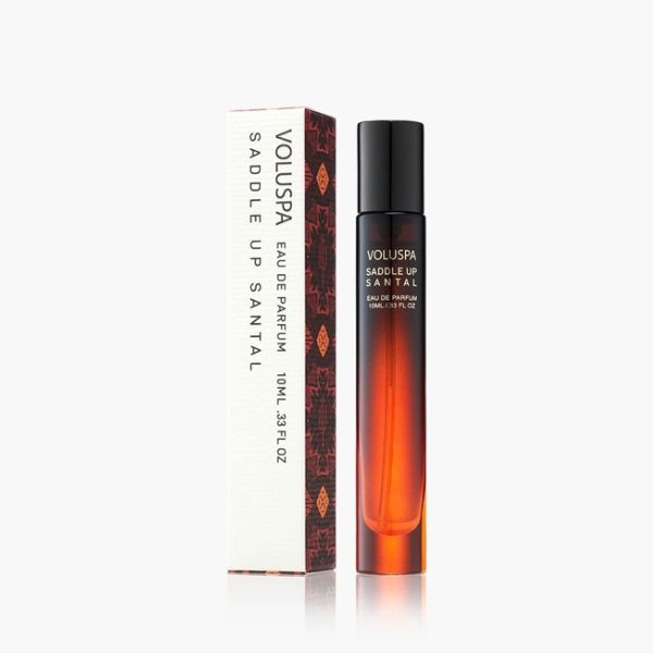 Voluspa, Eau De Parfum, 10 ml, Saddle Up Santal in a sleek amber and black bottle with a matching box, perfect as a thoughtful gift from Knotty and Board decor collection.