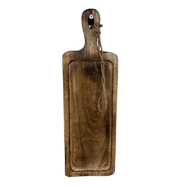 Dark Wood Chopping Tray, 15 X 5 in. featuring a rich wood grain finish with a handle and rustic rope detail, perfect for kitchen decor and entertaining by Knotty and Board.