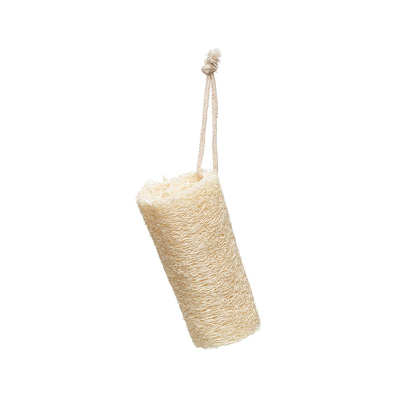 Loofa Brush with Cotton Rope Hanger hanging against a white background, showcasing natural textured fibers and durable rope for an eco-friendly bath accessory perfect for decor and gifts.