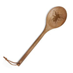 Acacia Wood Spoon, Beatrice featuring a detailed bee engraving on the spoon head, crafted from warm-toned wood with a leather hanging loop, perfect for kitchen decor and gifts. 1