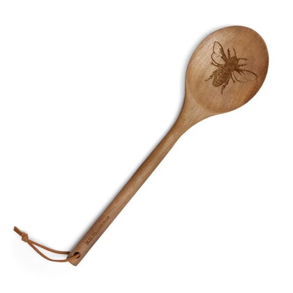 Acacia Wood Spoon, Beatrice featuring a detailed bee engraving on the spoon head, crafted from warm-toned wood with a leather hanging loop, perfect for kitchen decor and gifts.