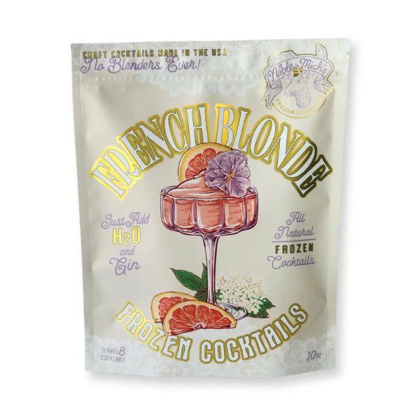 Noble Mick's Frozen Cocktails, French Blonde packaged pouch with elegant cocktail illustration featuring grapefruit slices and a purple flower, perfect for gifting and entertaining.