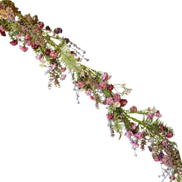 Mulberry Meadow Garland, 4 ft. features delicate pink, purple, and green artificial flowers and foliage, perfect for adding charming decor and gifts accent to any room.