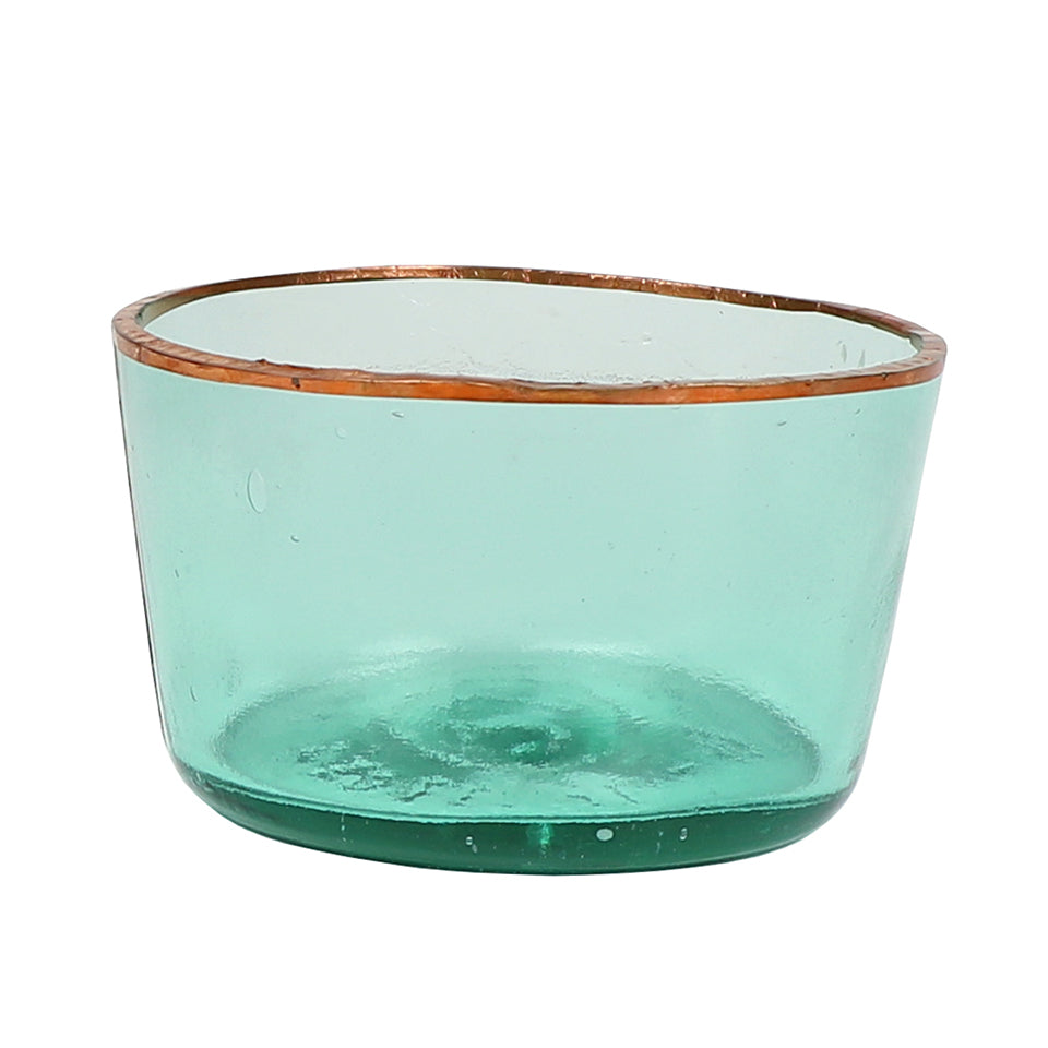 Demijohn Bowl, Extra Small is a delicate light green glass bowl with a copper rim, perfect for kitchen decor or stylishly serving small treats.