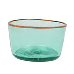 Demijohn Bowl, Extra Small is a delicate light green glass bowl with a copper rim, perfect for kitchen decor or stylishly serving small treats. 1