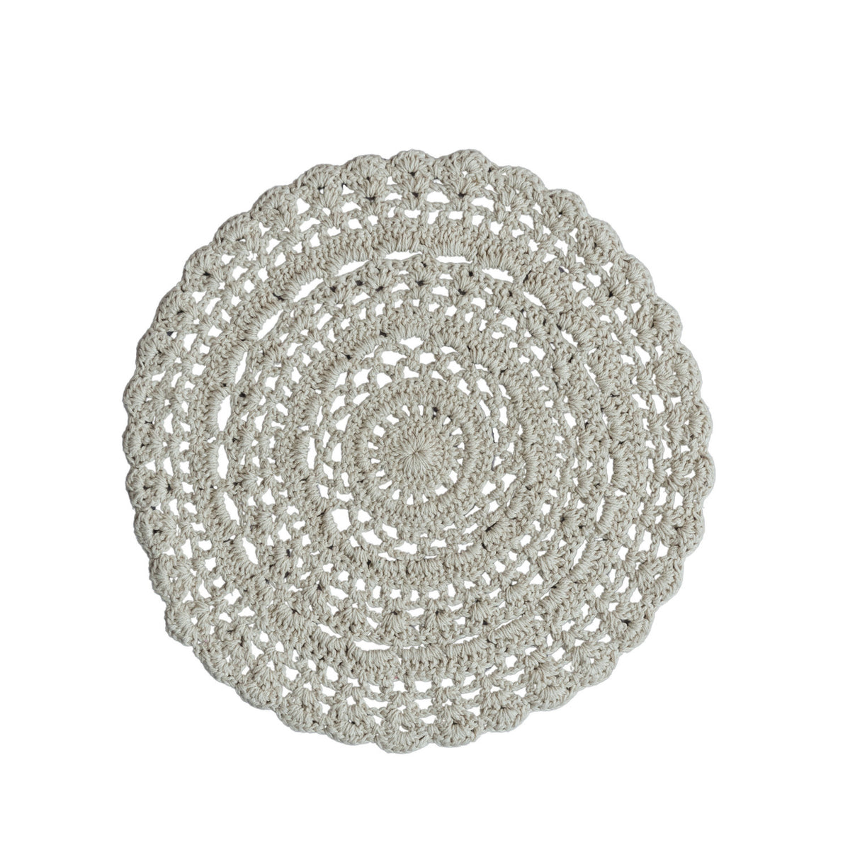 Recycled Cotton Blend Crocheted Placemat, 15 in. Round, handcrafted with a natural fiber blend, perfect for adding rustic charm to kitchen and dining decor by Knotty and Board. Every Room Needs A Little Knotty and Board.