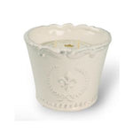 Bourbon Royalty, Queen of Bourbon, Marquis Candle, 10 oz in an elegant white ceramic container with raised fleur-de-lis design, perfect for home decor and gifts from Knotty and Board. 1