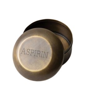 A round antique brass container with a removable lid engraved with "ASPIRIN," designed as the Aspirin Pill Box, Antique Brass, ideal for stylish storage and gifting from Knotty and Board.