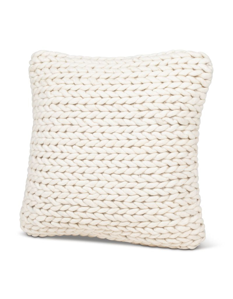 Braided White Down Pillow 20x20 with chunky knit texture, perfect for adding cozy decor to any living space, offered by Knotty and Board with unique gifts and style.
