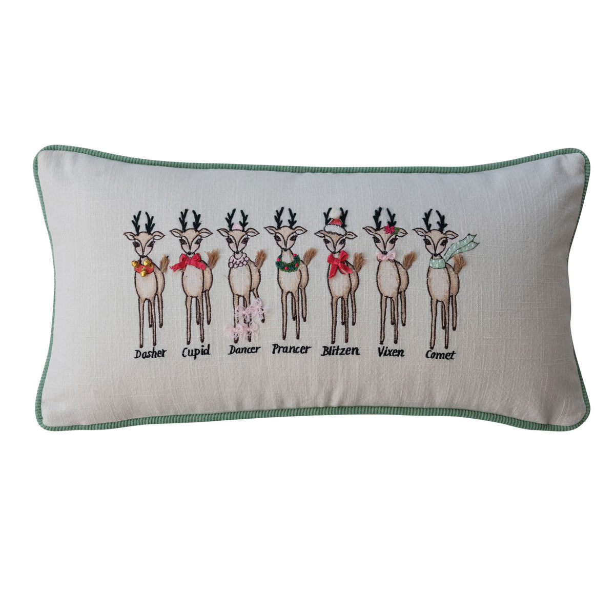 Cotton Lumbar Pillow w/ Santa's Reindeer Embroidery, 24 X 12 in.