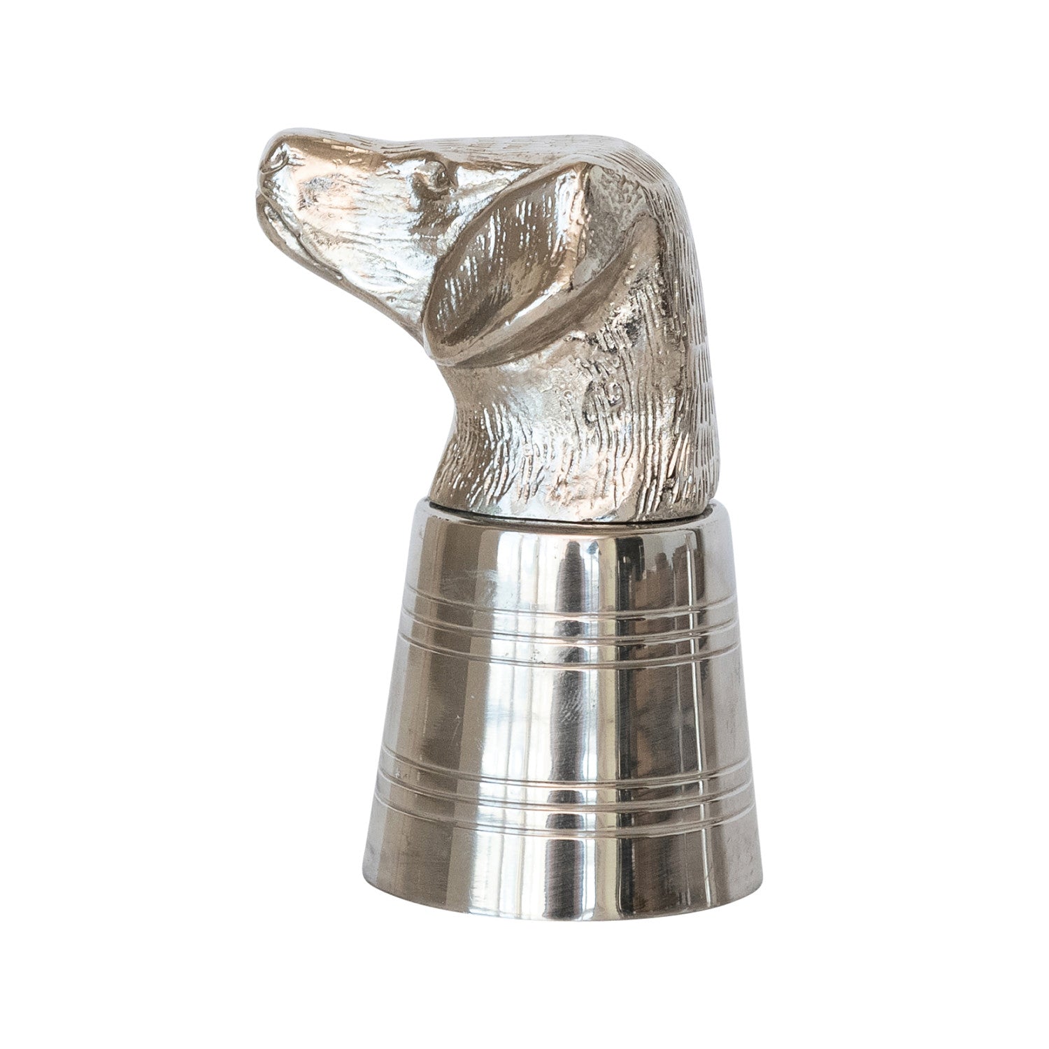 Steel Dog Head Jigger in Kraft Box, 2 oz, a polished stainless steel measuring tool shaped like a dog's head, perfect for kitchen decor and entertaining gifts from Knotty and Board.