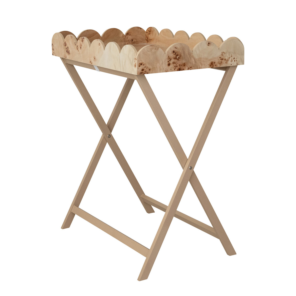 Burl Wood Folding Table with Removable Scalloped Tray, 28 x 18 x 33 in.