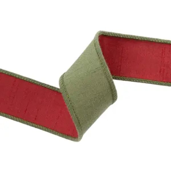 Wired 1.5 in. Double-Fused Dupioni Ribbon, Red and Moss Green, 10 yd.