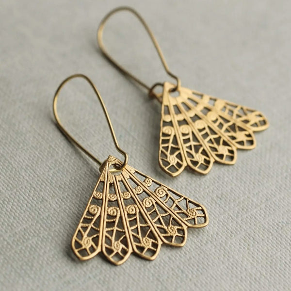 Gold Filigree Fan Earrings, Medium , 3.5 cm. featuring intricate delicate filigree design in warm gold tone, perfect jewelry gift or decor addition from Knotty and Board.