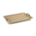 A natural woven serving tray with metal handles designed for stylish kitchen and dining use, Airelles Raffia and Chambray Serving Tray, 14 X 11.5 in., perfect for gifts and decor. 1