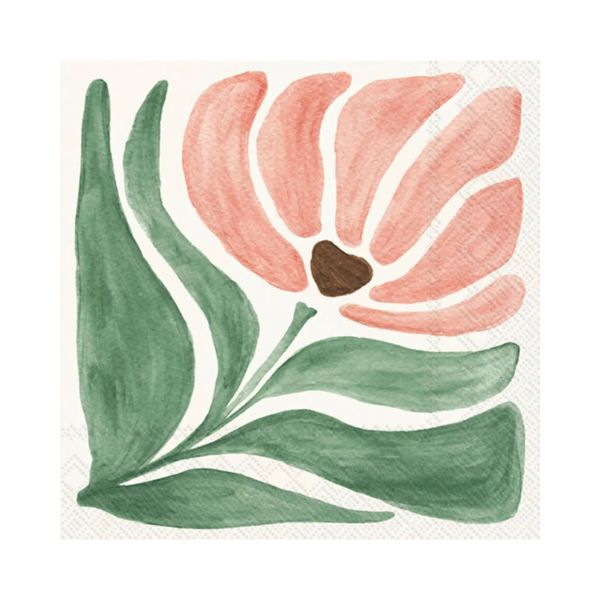 Square paper cocktail napkin featuring a modern petals peach floral design with green leaves, perfect for kitchen and dining decor, Paper Cocktail Napkin, 20 Ct, Modern Petals Peach.
