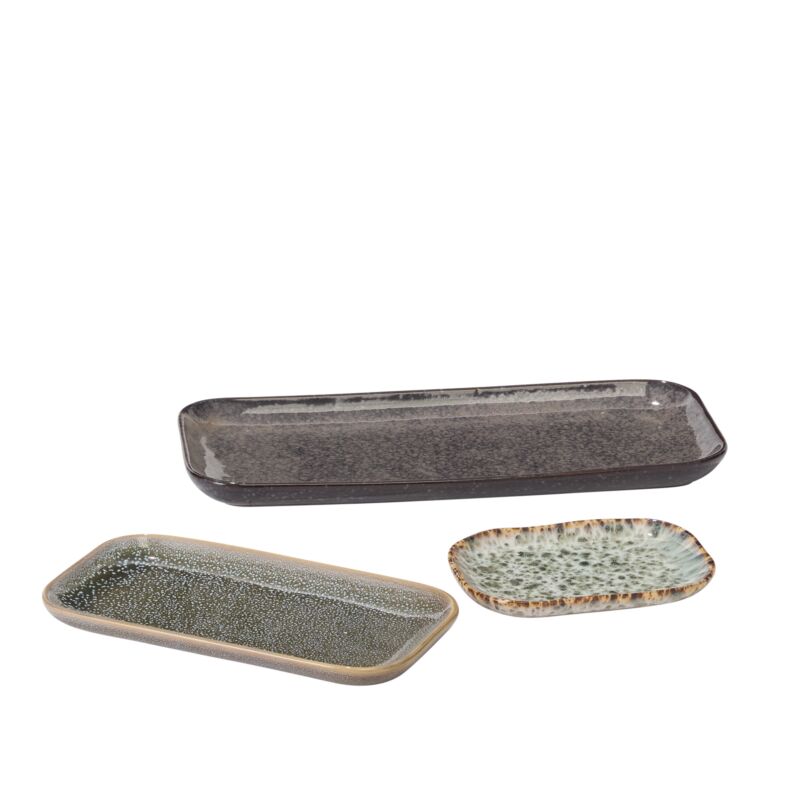 Starling Tray Set of 3 5.5, 8, 12.5 featuring three ceramic trays in varying earthy tones, perfect for kitchen or dining decor and entertaining gifts from Knotty and Board.