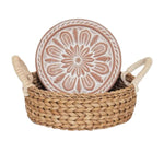 Natural woven wicker basket with handles holding a round handmade bread warmer featuring a vintage flower design in soft beige and white, perfect for kitchen decor and gifts, Handmade Bread Warmer & Wicker Basket, Vintage Flower, 11 in. Every Room Needs A Little Knotty and Board. 1