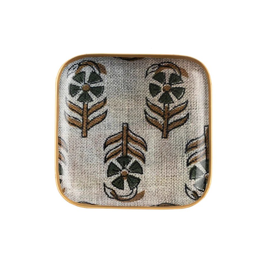 Chameli Enameled Tray Square with a beige textured background, featuring a repeating pattern of dark green and gold botanical designs, perfect for kitchen or dining decor from Knotty and Board.