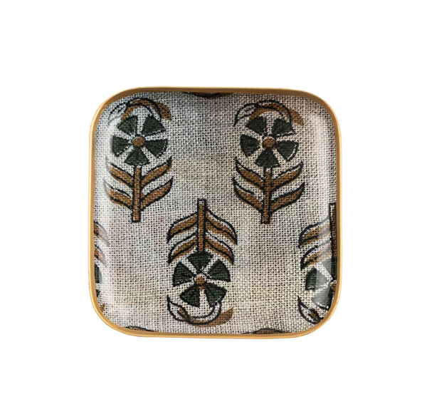 Chameli Enameled Tray Square with a beige textured background, featuring a repeating pattern of dark green and gold botanical designs, perfect for kitchen or dining decor from Knotty and Board.