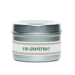Barr Co Fir & Grapefruit Travel Candle, 2 oz in a sleek silver tin with a simple white label, perfect for adding cozy decor and refreshing scents to any room, offered by Knotty and Board. 1