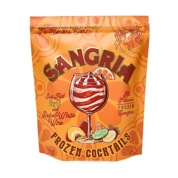 Noble Mick's Frozen Cocktails, Sangria pouch in bright orange featuring a stylized glass of sangria with citrus slices, perfect for entertaining and kitchen decor gifts at Knotty and Board.