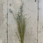 Wildflower Spray, 24 in., Maya displayed against a rustic white wooden background, highlighting delicate green stems and small blue flowers for natural home decor. 1