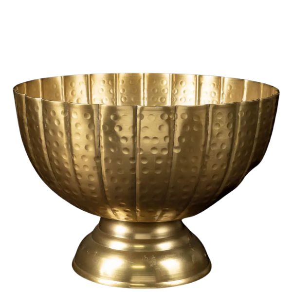 Hammered Grooved Pedestal Bowl, Gold, 14 in. with textured vertical grooves and a hammered finish, perfect for stylish decor, dining, or entertaining by Knotty and Board.