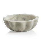 Scalloped Marble Condiment Bowl in smooth white marble with gray veining, perfect for elegant kitchen or dining decor and entertaining gifts from Knotty and Board. 1