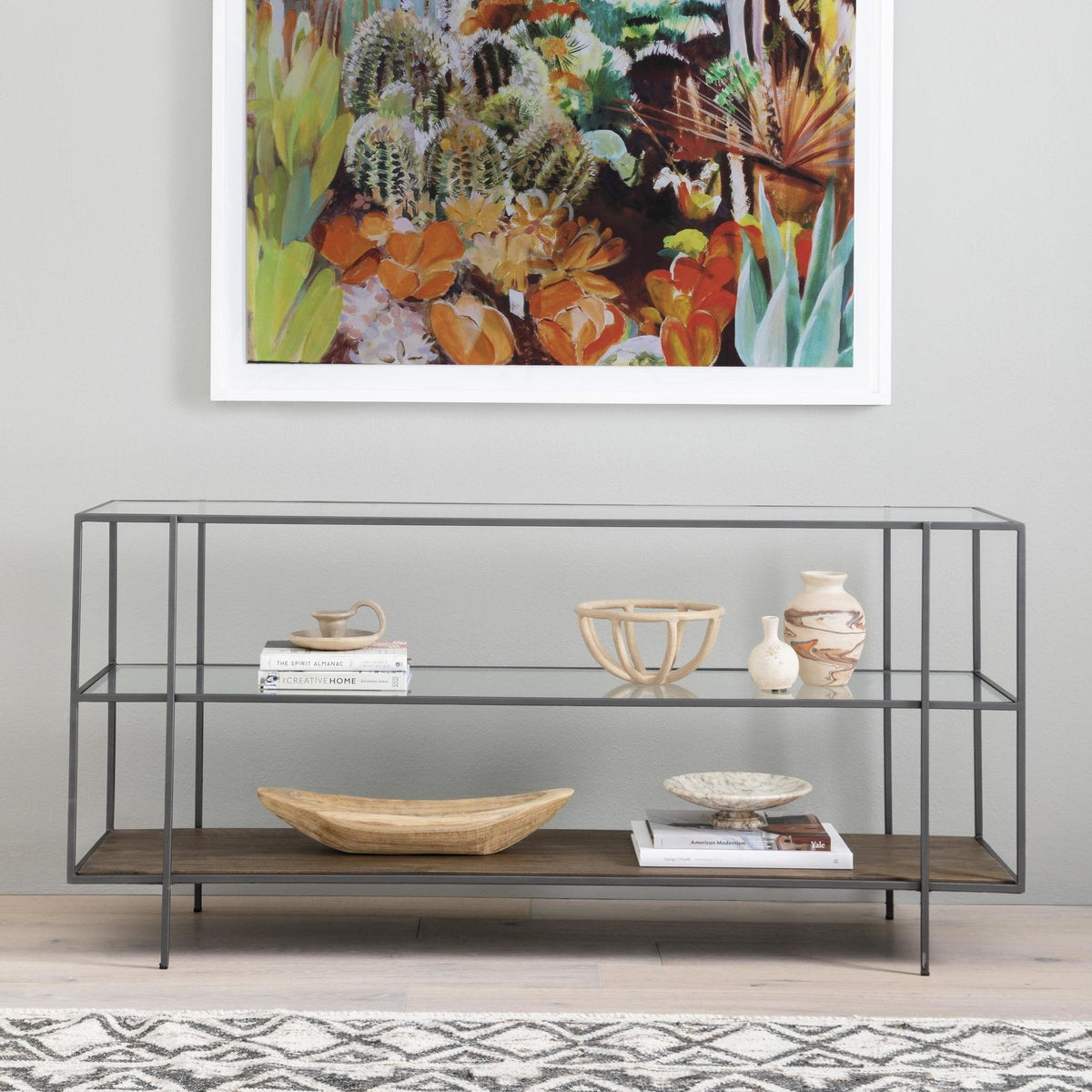 Byron Media Console Dark Iron Aged Brown Tempered Glass