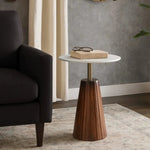 Marble Top Accent Table with Fluted Base, White and Brown, 22 x 17 in. 2