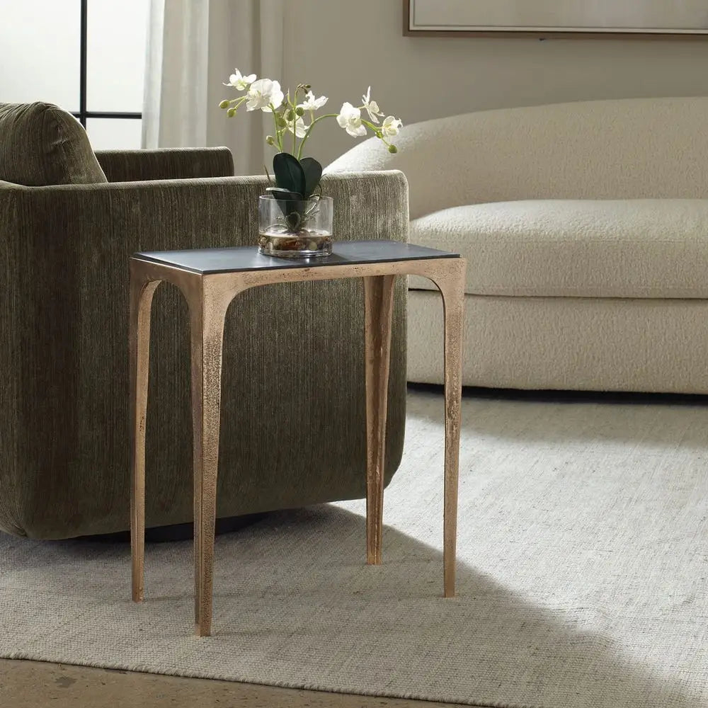 Black Marine Marble Accent Table, Antique Brass