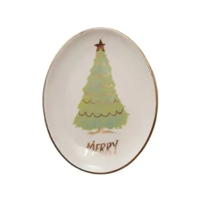 Oval Stoneware Christmas Tree Dish, Assorted, 5 X 4 in.