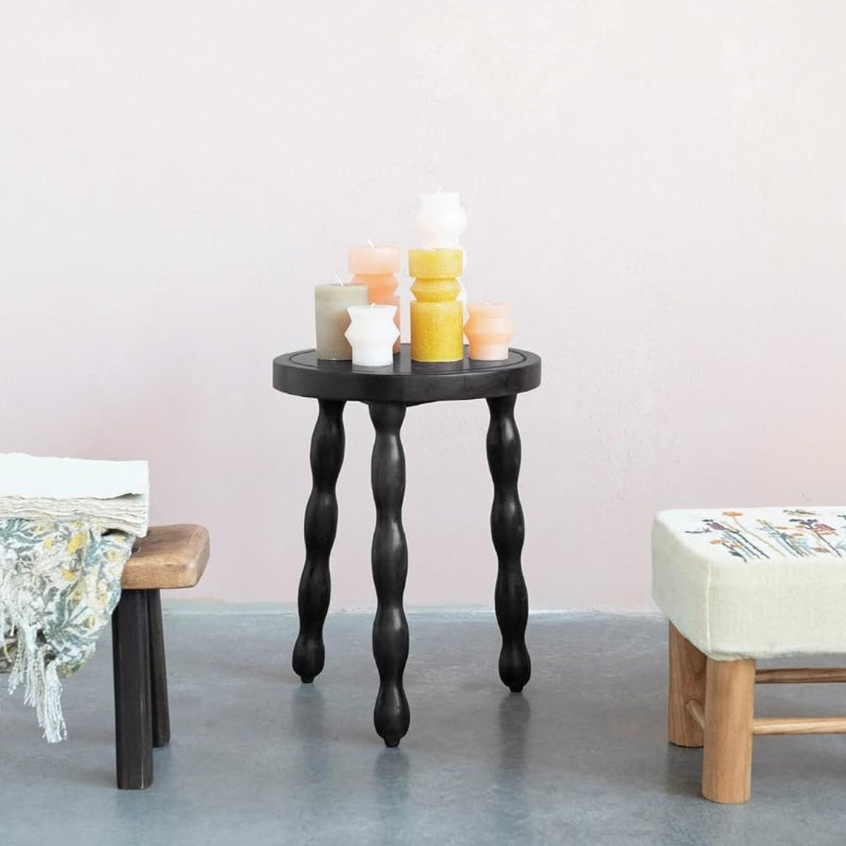 Reclaimed Wood Stool with Carved Legs, Black, 15 x 20 in.