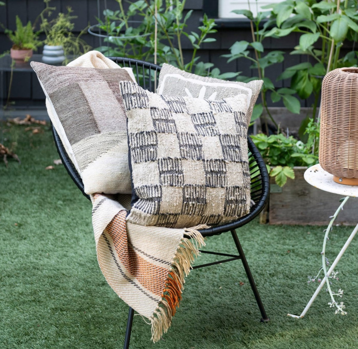 Square Woven Indoor/Outdoor Pillow with Block Pattern, 20
