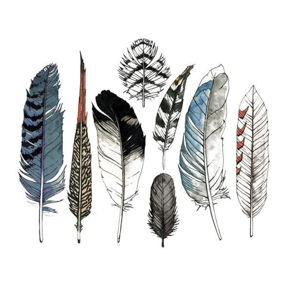 Watercolor Feather Tattoos, Set of 8