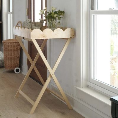 Burl Wood Folding Table with Removable Scalloped Tray, 28 x 18 x 33 in.