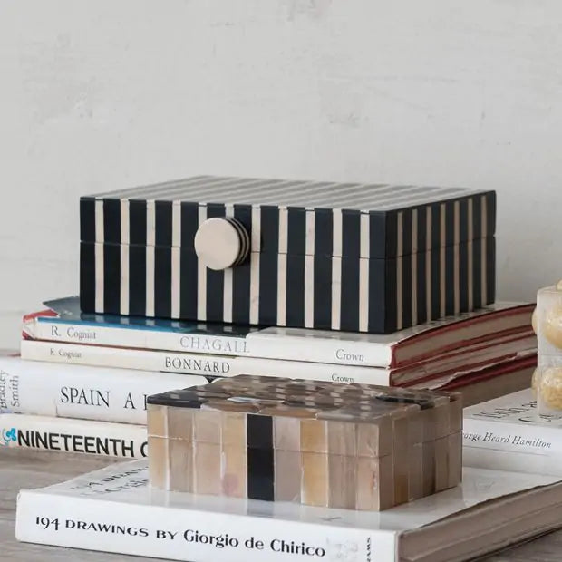 Mango Wood & Resin Striped Box, Black & Tan, 9 X 6 X 3 in.