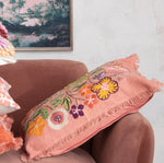 Cotton Lumbar Pillow w/ Embroidered Flowers & Eyelash Fringe, 24 X 16