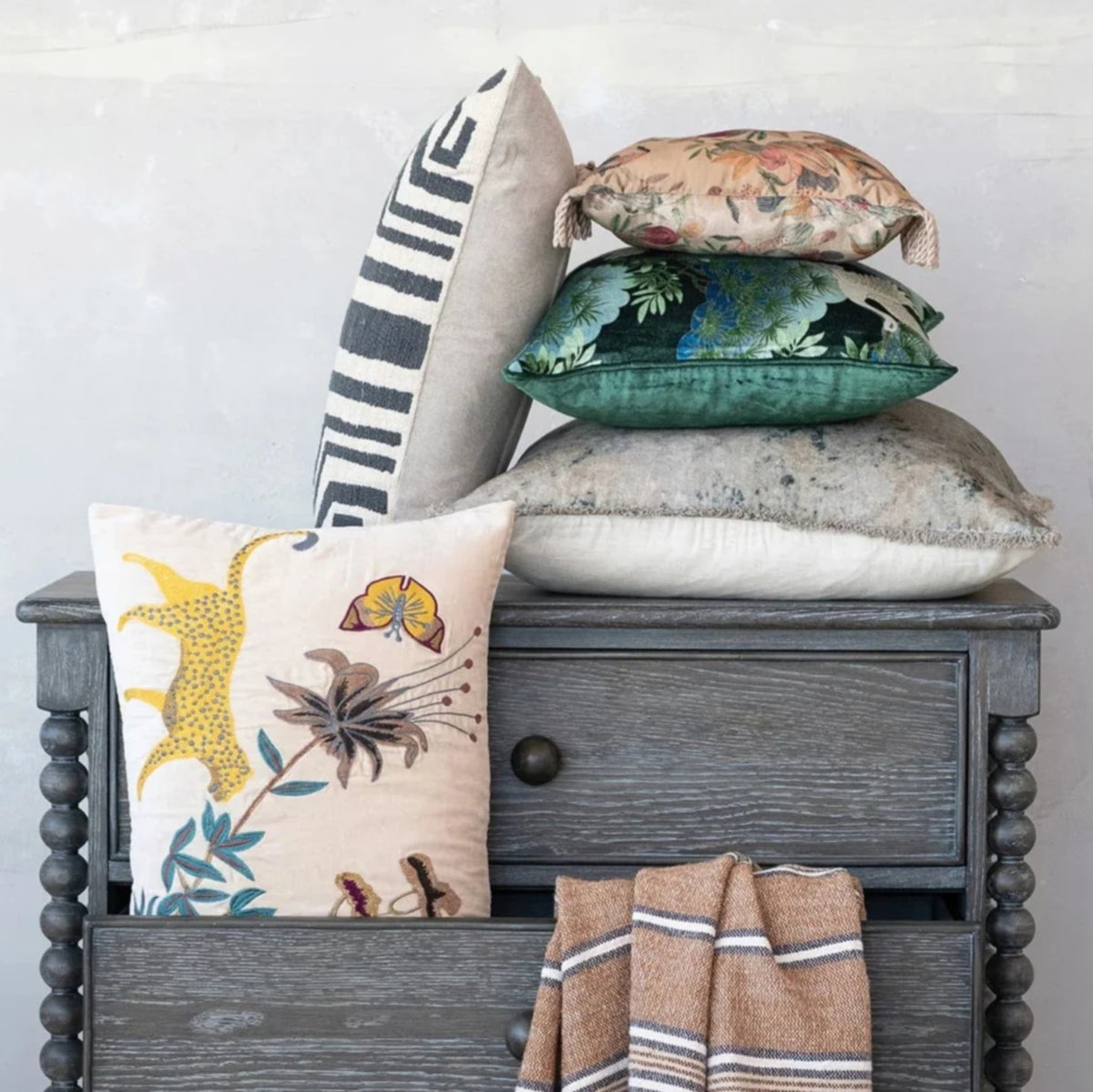 Printed Pillow with Design & Fringe, Velvet, Multicolor, 24 in.