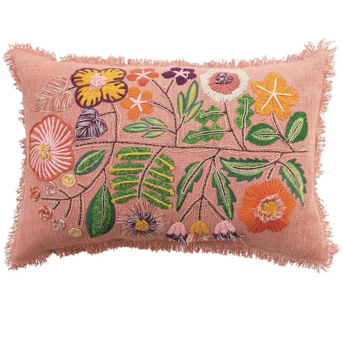 Cotton Lumbar Pillow w/ Embroidered Flowers & Eyelash Fringe, 24 X 16