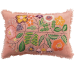 Cotton Lumbar Pillow w/ Embroidered Flowers & Eyelash Fringe, 24 X 16