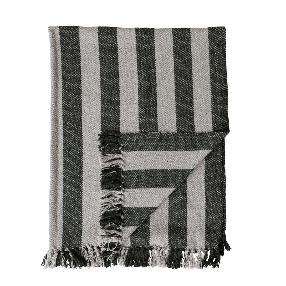 Striped Throw with Fringe, Natural & Green, 60 X 50 in.